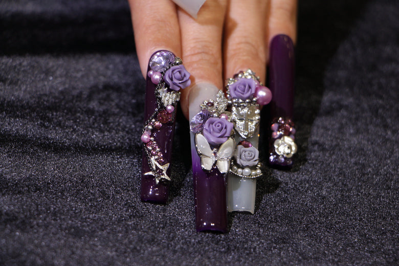 Purple rose carved Nails【H43-1126】