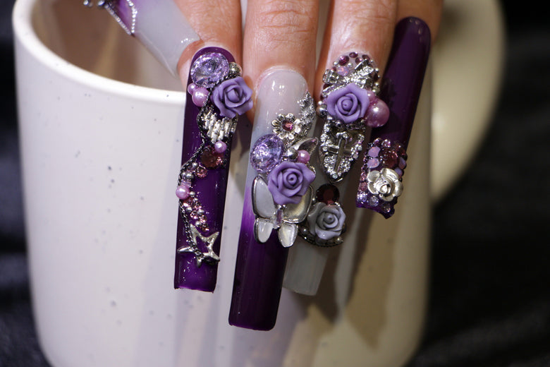 Purple rose carved Nails【H43-1126】